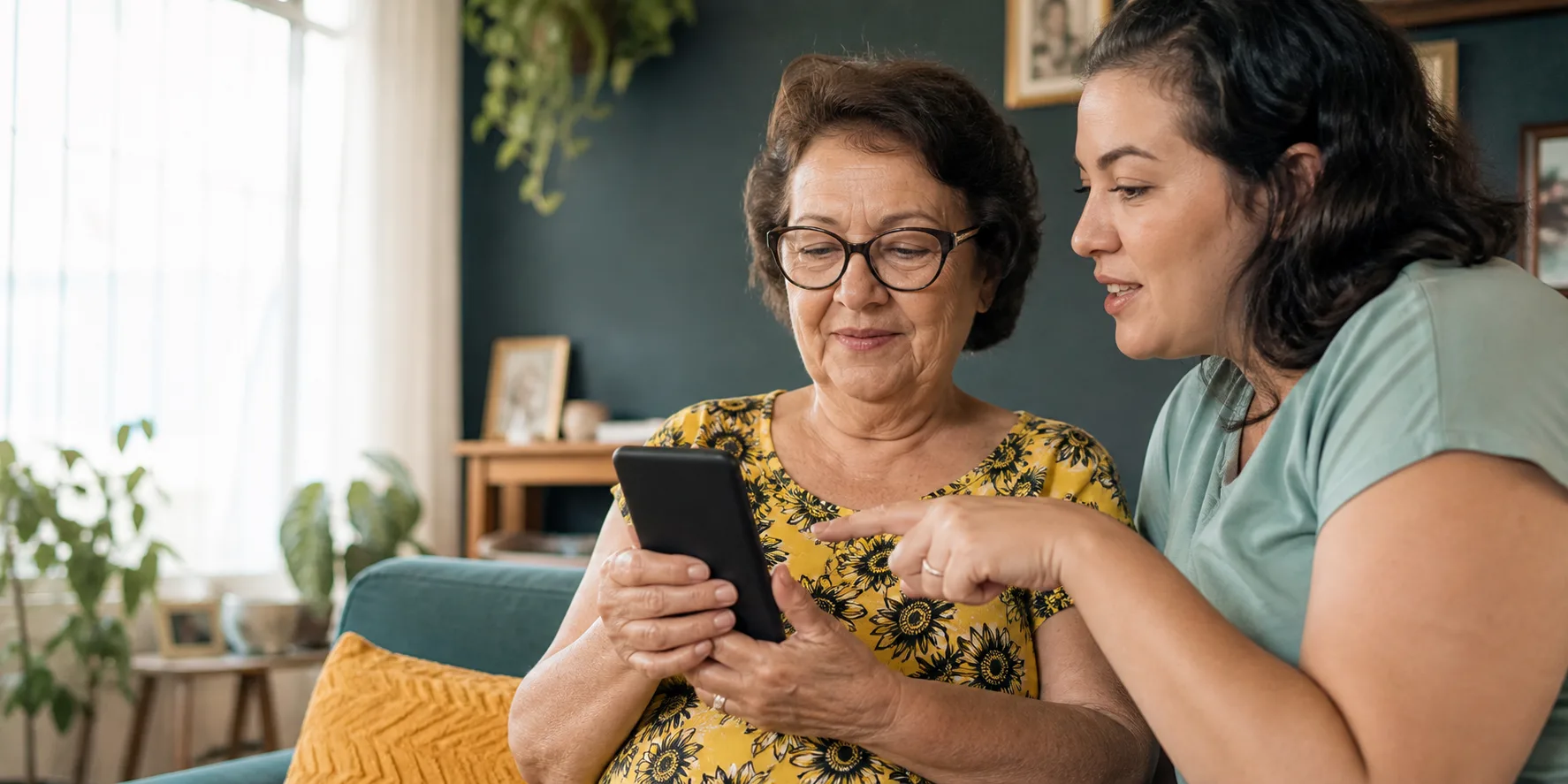 Pessoa idosa usando o próprio celular enquanto recebe orientação de uma profissional